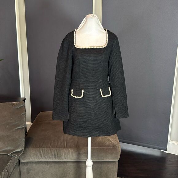 Dresses & Skirts - Women’s Short Black Dress Square Neck Faux Pearl-Like Trim **Tag L fits like M